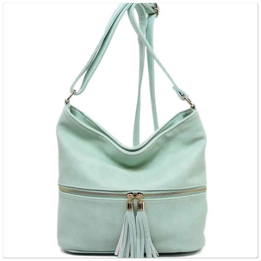 Tassel Crossbody Bucket Satchel Mint